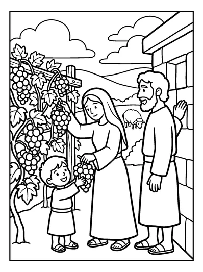 A Family Picks Grapes at Home coloring page (Isaiah 65:21)