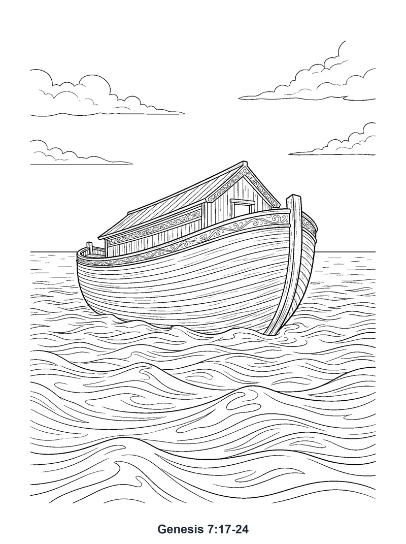 Noah's Ark on the Flood coloring page (Genesis 7:17-24)