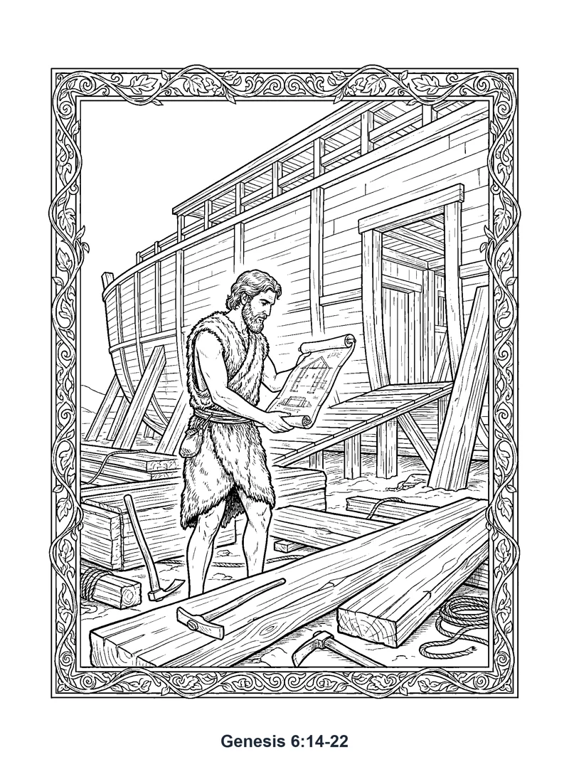 Noah Builds the Ark coloring page (Genesis 6:14-22)