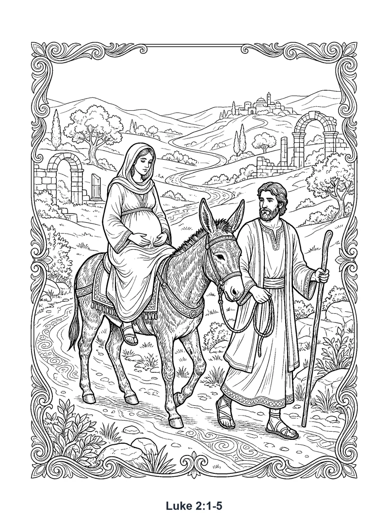 Journey to Bethlehem coloring page (Luke 2:1-5)