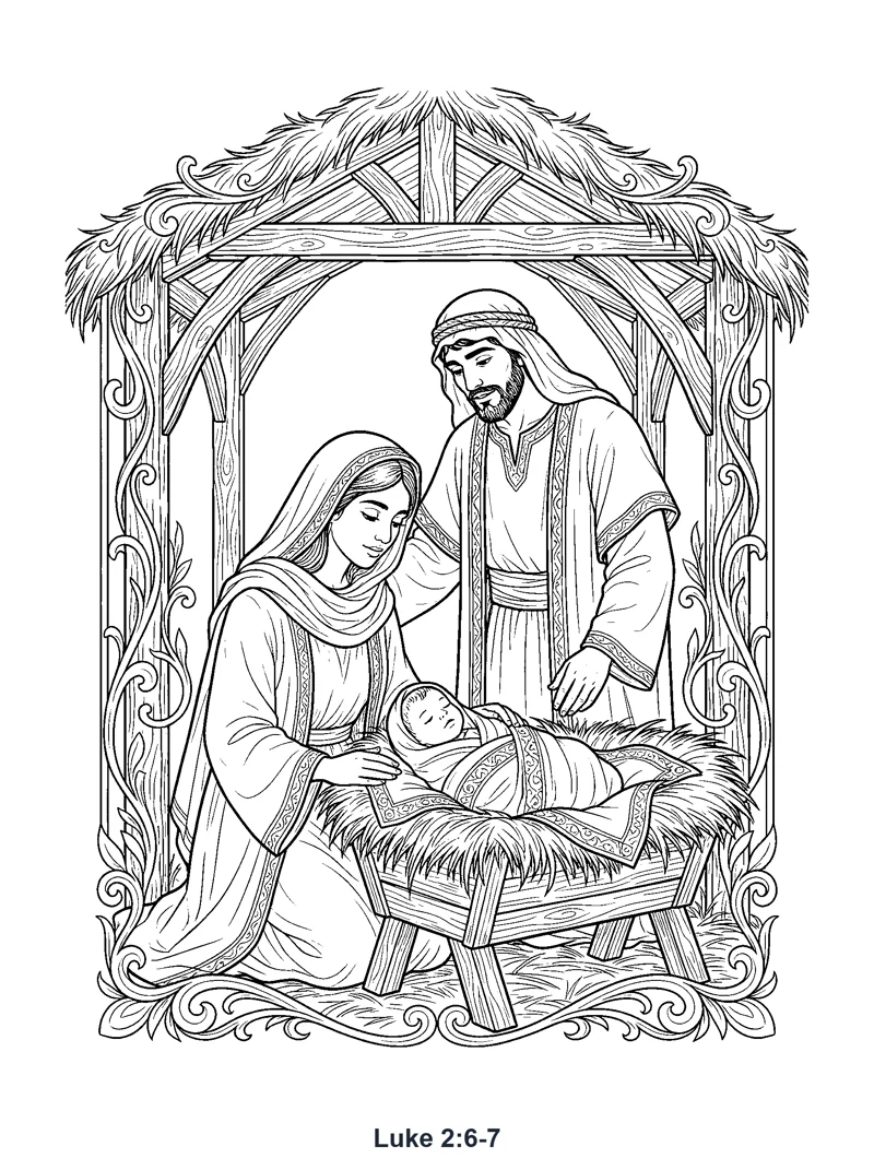 Baby Jesus in the Manger coloring page (Luke 2:6-7)