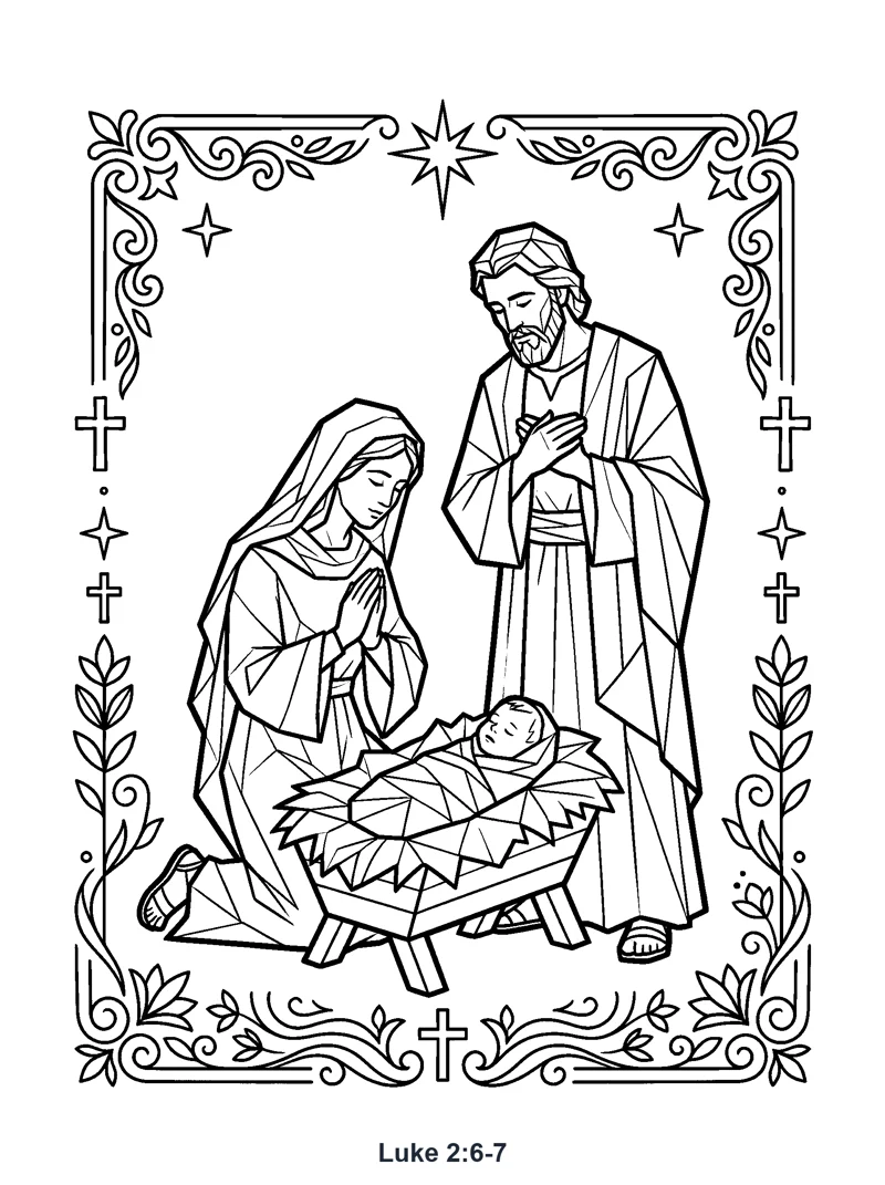 Holy Family at the Manger coloring page (Luke 2:6-7)