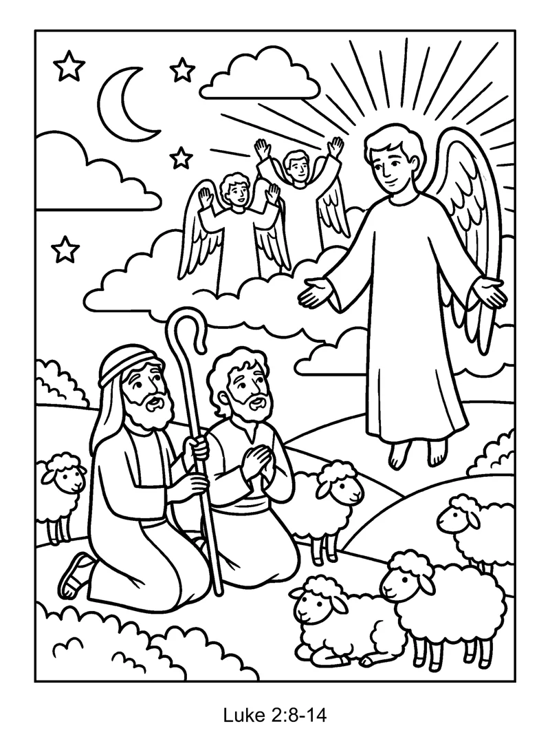 Angels Sing to Shepherds coloring page (Luke 2:8-14)