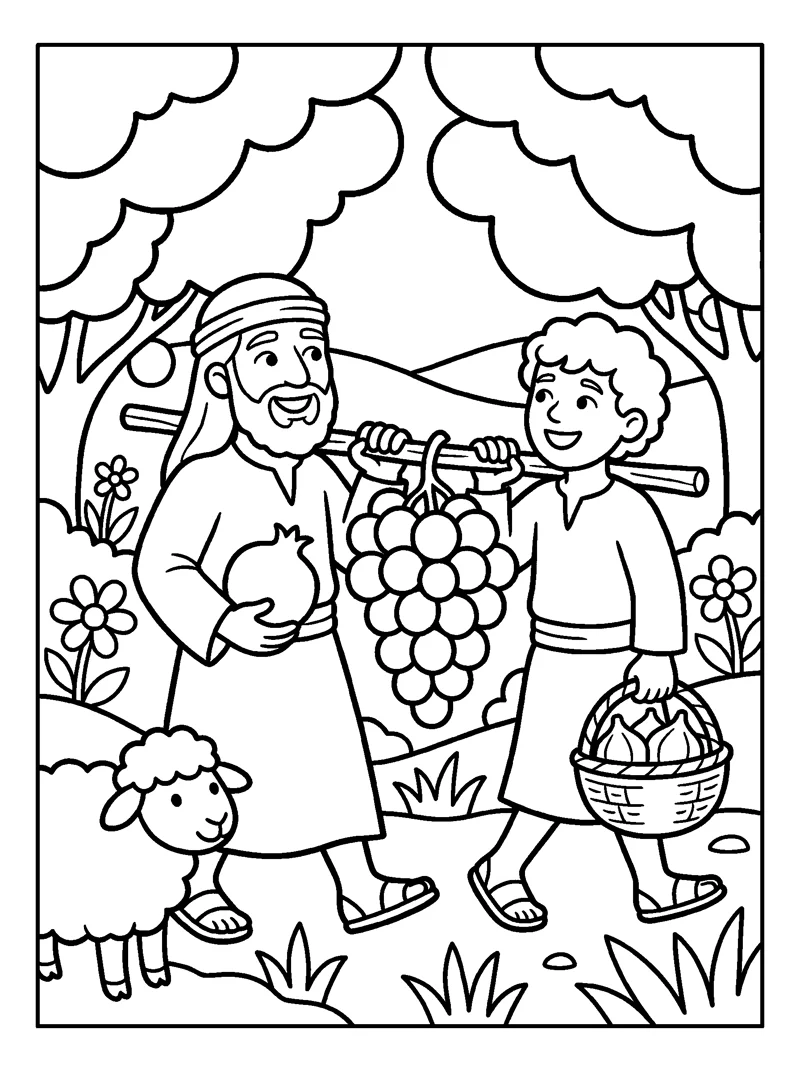 Spies With Giant Grapes coloring page (Numbers 13:23)