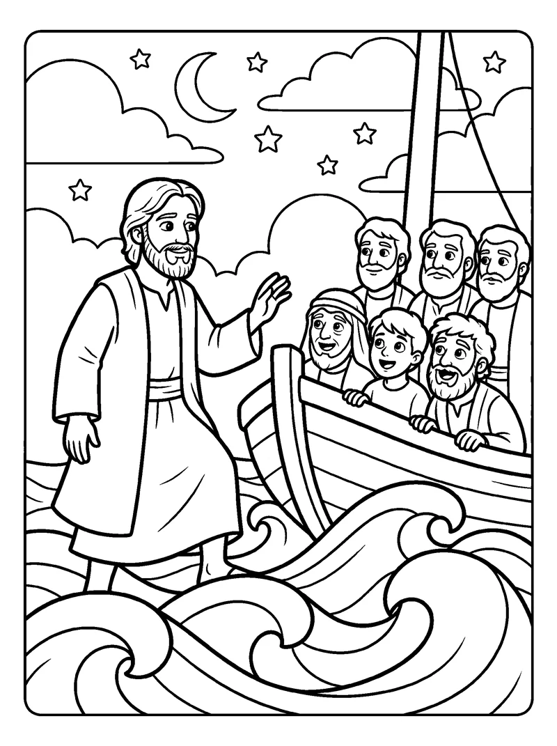 Jesus Walks on Water coloring page (Matthew 14:25)