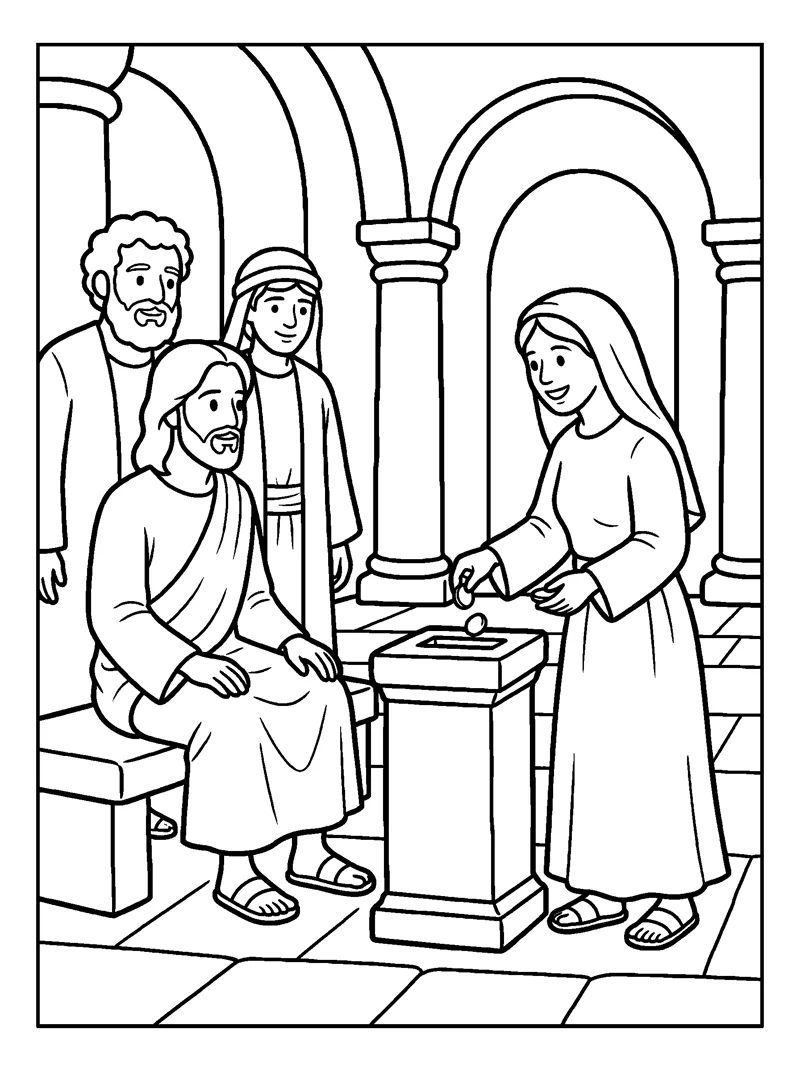 The Widow's Two Coins coloring page (Mark 12:41-42)