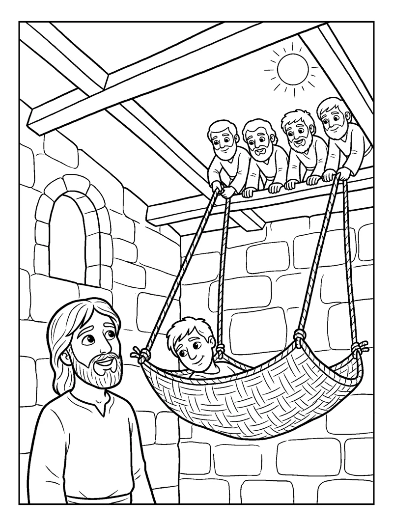 Lowered Through the Roof coloring page (Mark 2:3-4)