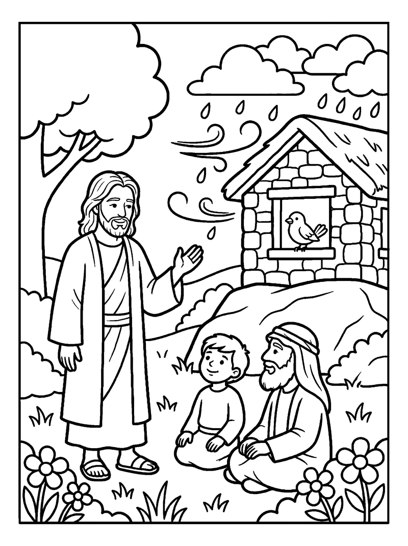 House on the Rock coloring page (Matthew 7:24-25)