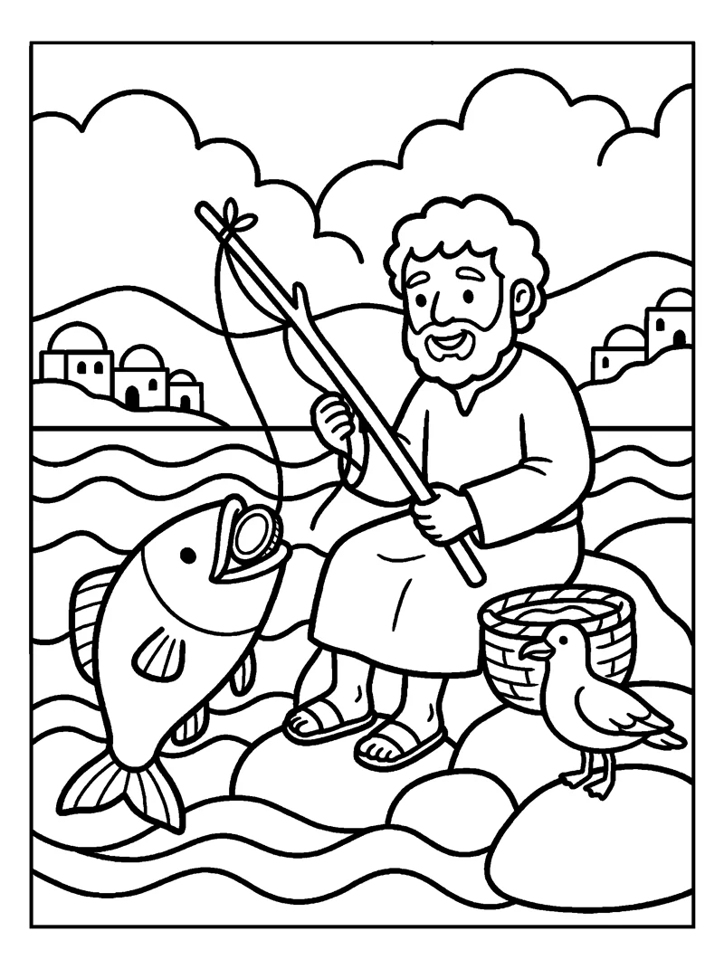 Coin in the Fish coloring page (Matthew 17:27)