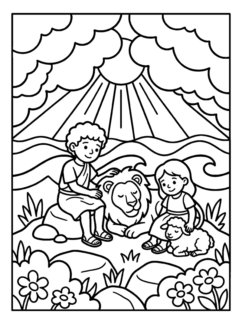 Children with a Lion coloring page (Isaiah 11:9)