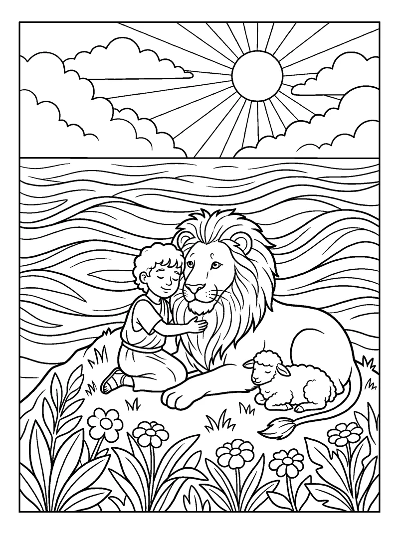 A Child Hugs a Lion coloring page (Isaiah 11:9)