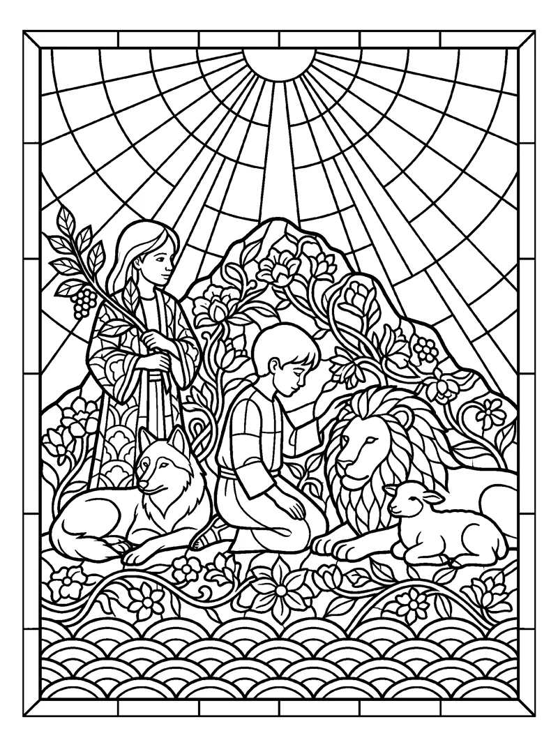 Children, Wolf, Lion and Lamb coloring page (Isaiah 11:9)