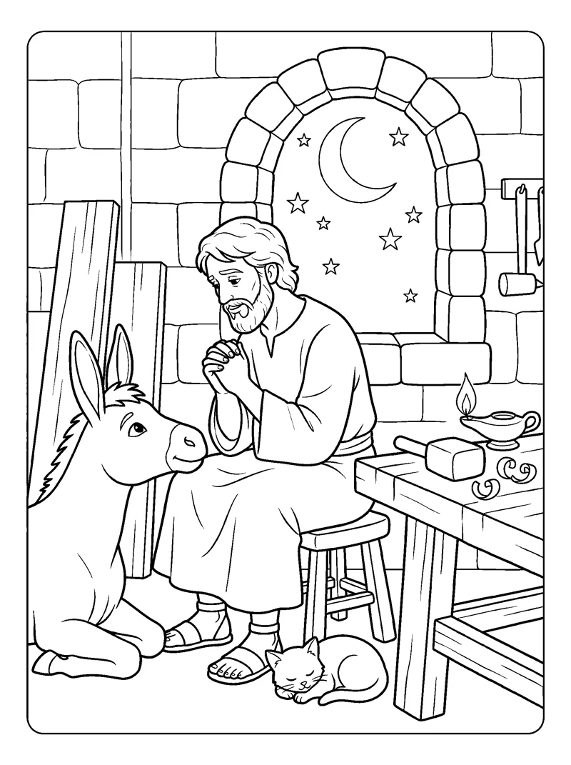Joseph Prays in His Shop coloring page (Matthew 1:19)